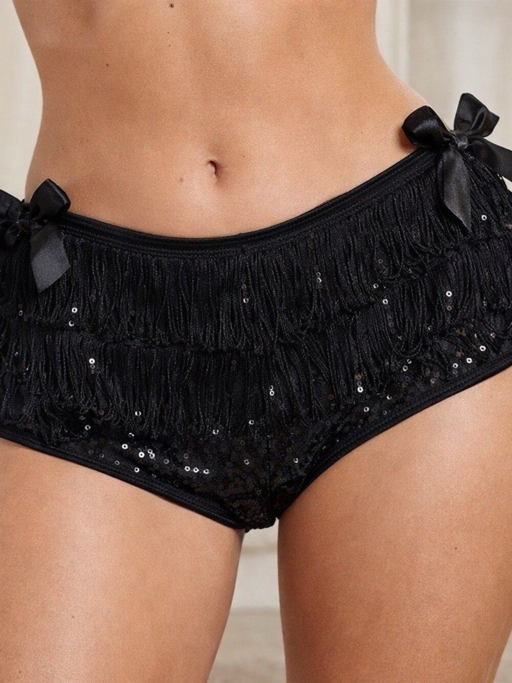 Black Sequin Fringe Shorts Satin Bow Side Ties Burlesque Festival Rave M
